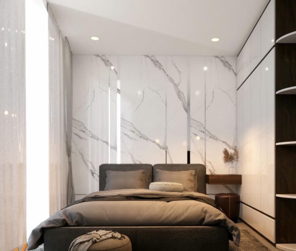 Kết hợp tấm ốp than tre với hệ tủ, kệ, lam trang trí