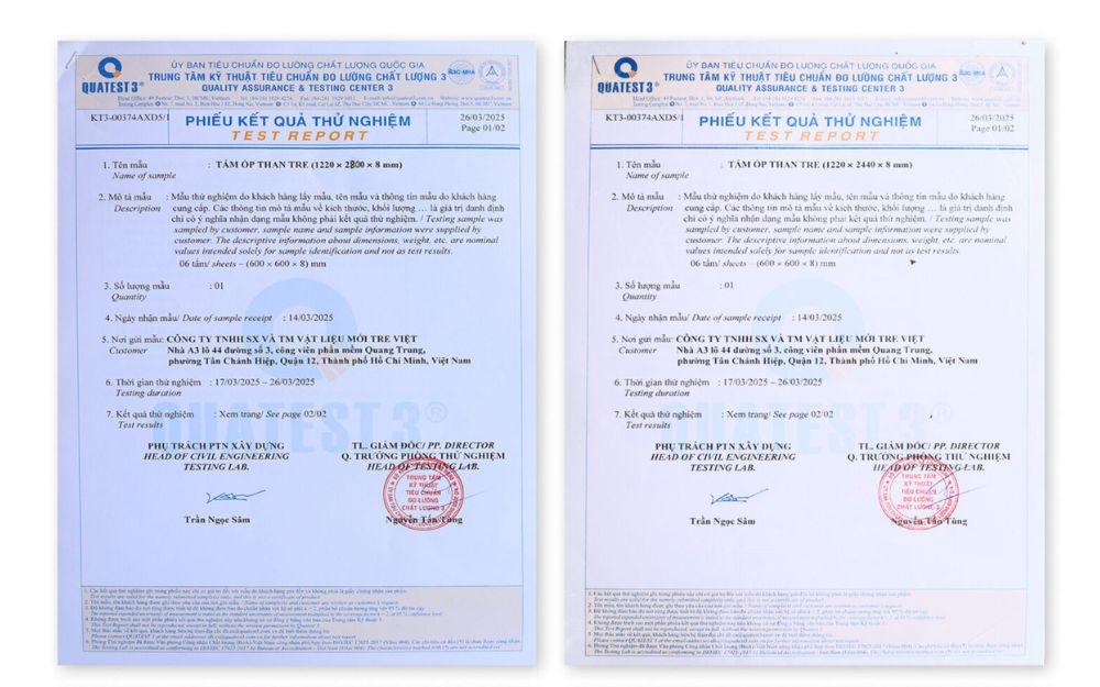 Chứng chỉ tấm ốp than tre do cơ quan có thẩm quyền hoặc tổ chức kiểm định độc lập cấp