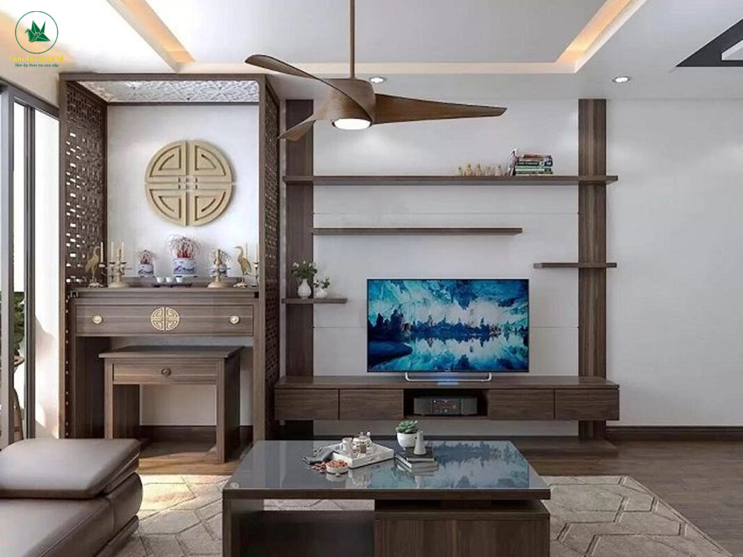 Mẫu bàn thờ tích hợp vào hệ tủ trong phòng khách
