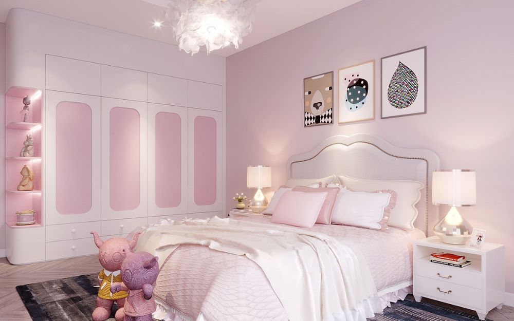Decor phòng ngủ lớn tone hồng pastel đáng yêu
