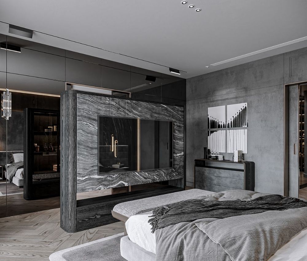 Phòng ngủ lớn decor tone xám hiện đại
