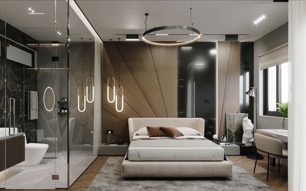 Decor phòng ngủ có phòng tắm bằng kính sang trọng
