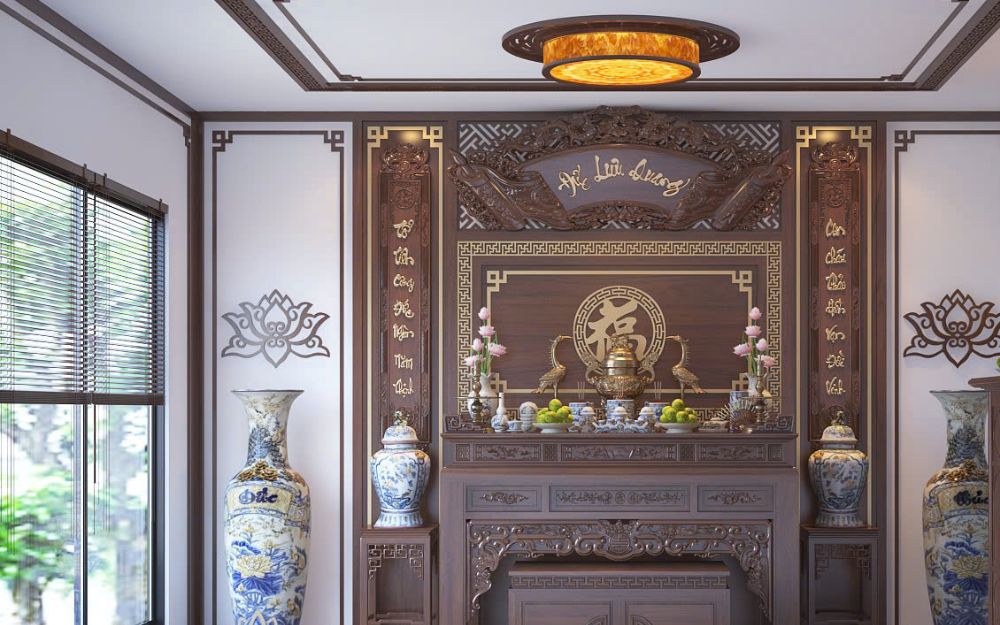 Sử dụng cửa kính cho phòng thờ giúp không gian tràn ngập ánh sáng tự nhiên