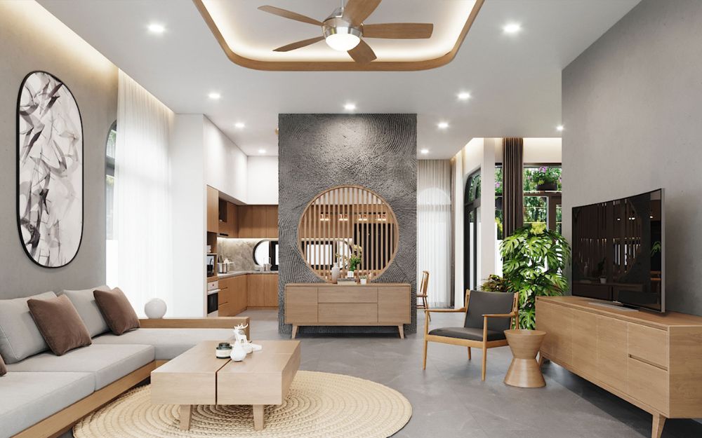 Mẫu vách ngăn phòng khách với bếp hợp phong thủy