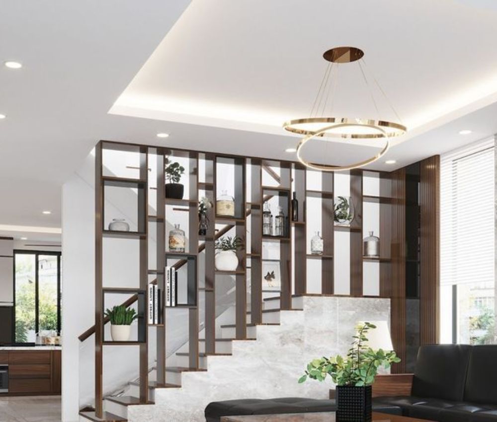 Vách ngăn phòng khách với cầu thang nên thiết kế thông thoáng