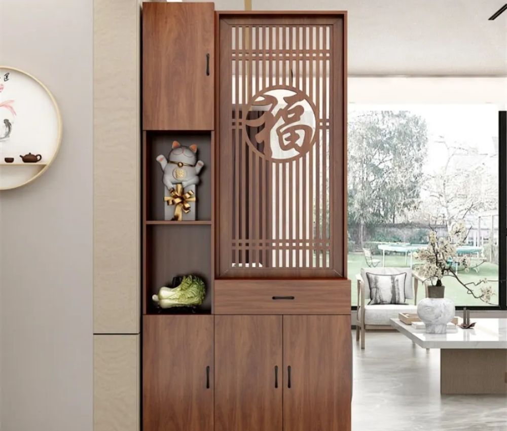 Vách ngăn phòng khách và bếp nhà cấp 4 kết hợp tủ kệ đa năng