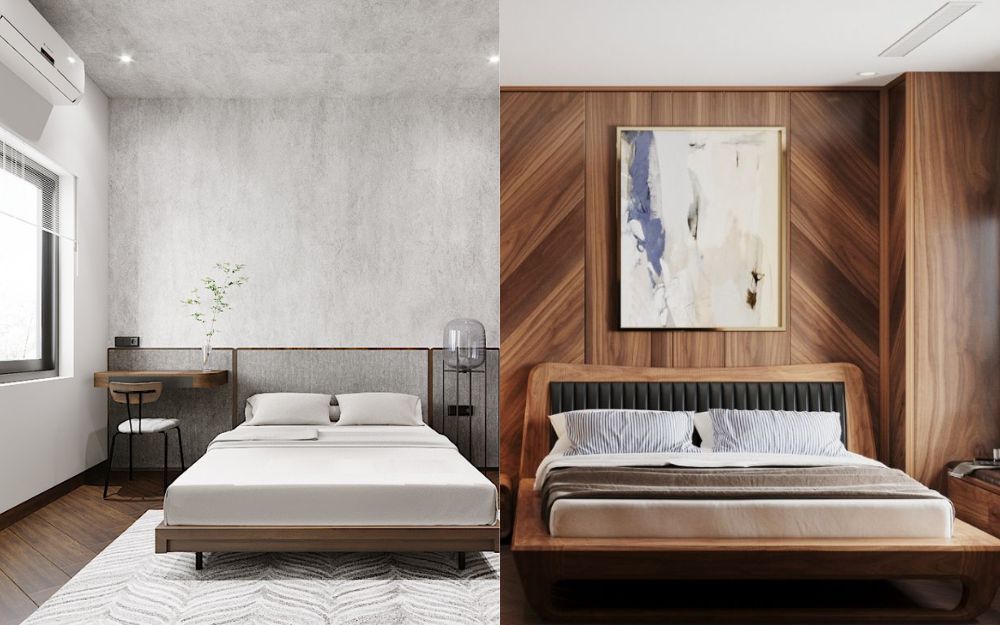 Tấm ốp bê tông và tấm ốp vân gỗ trong decor phòng ngủ