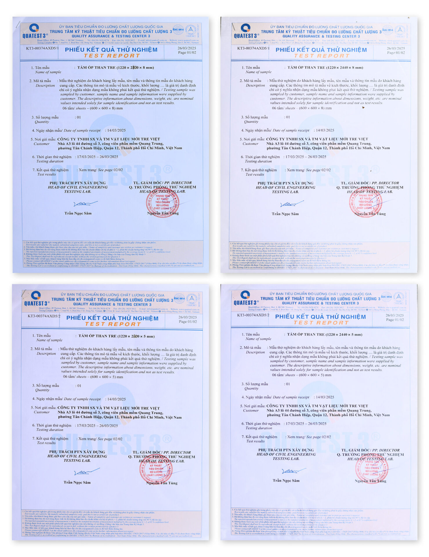 Giấy chứng nhận chất lượng tấm ốp than tre vân đá của Bamboo Panel