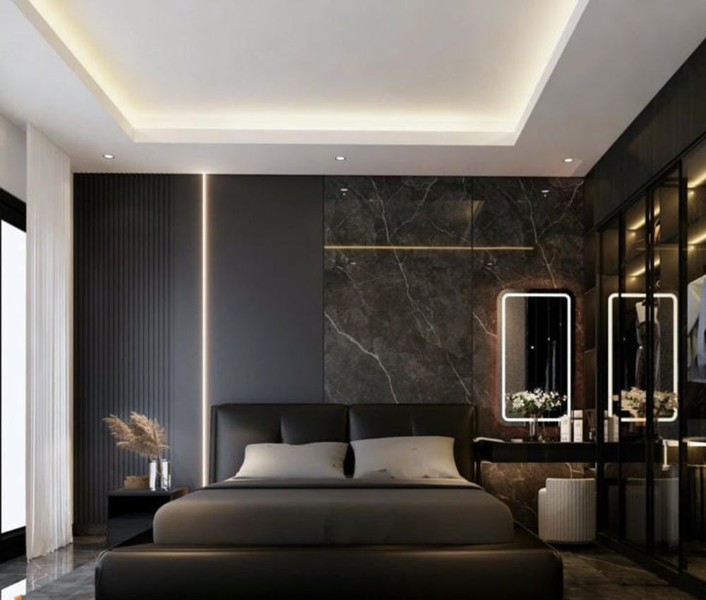 Decor tường phòng ngủ bằng tấm ốp vân đá