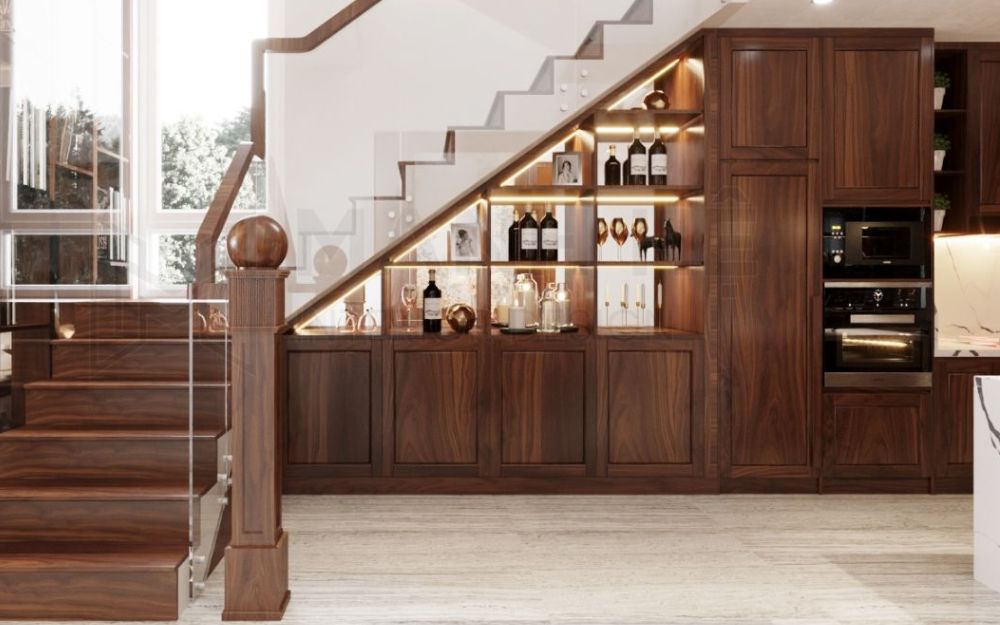 Mẫu vách cầu thang trang trí kết hợp kính sang trọng