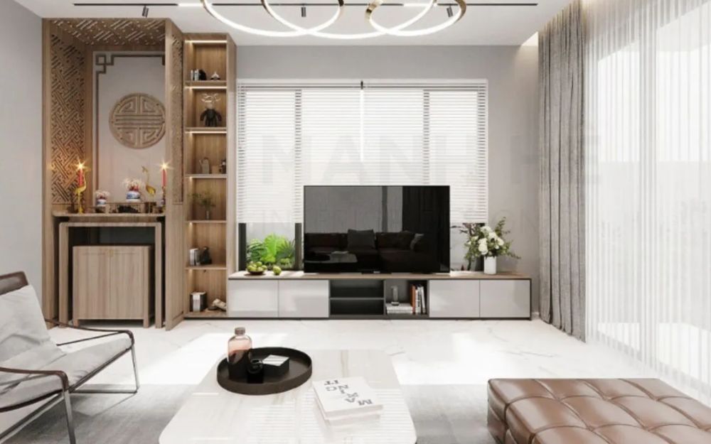 Mẫu vách ngăn gỗ kính phòng khách với bàn thờ