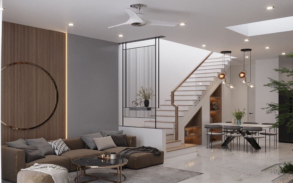 Mẫu vách ngăn gỗ kính giữa phòng khách và cầu thang