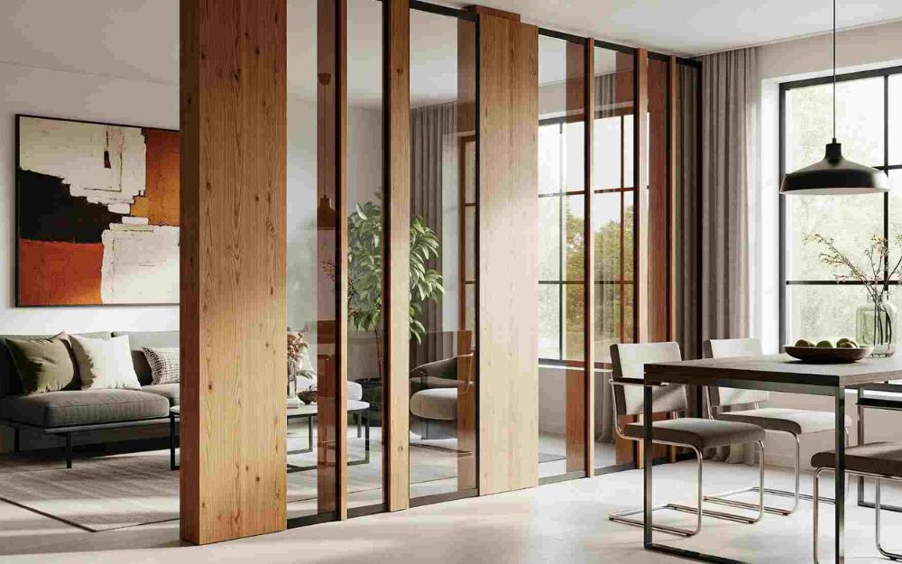 Mẫu vách ngăn gỗ kính khung gỗ tự nhiên