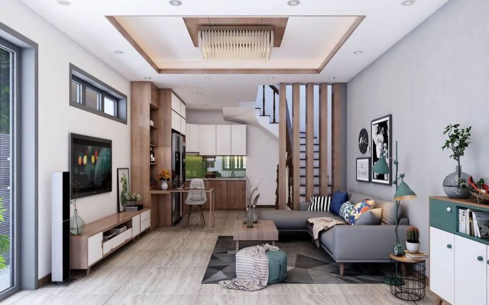 Phòng khách liền bếp có vách ngăn nhẹ giúp phân tách không gian