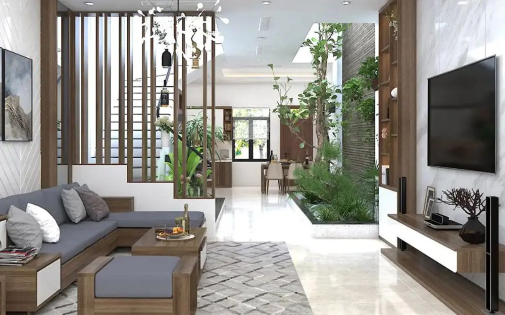 Ánh sáng giúp tạo cảm giác rộng rãi cho nhà cấp 4 phòng khách liền bếp