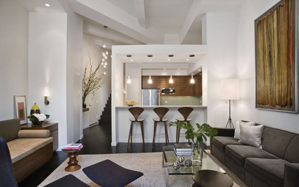 Thiết kế phòng khách liền bếp kết hợp quầy bar giúp nâng cao giá trị thẩm mỹ