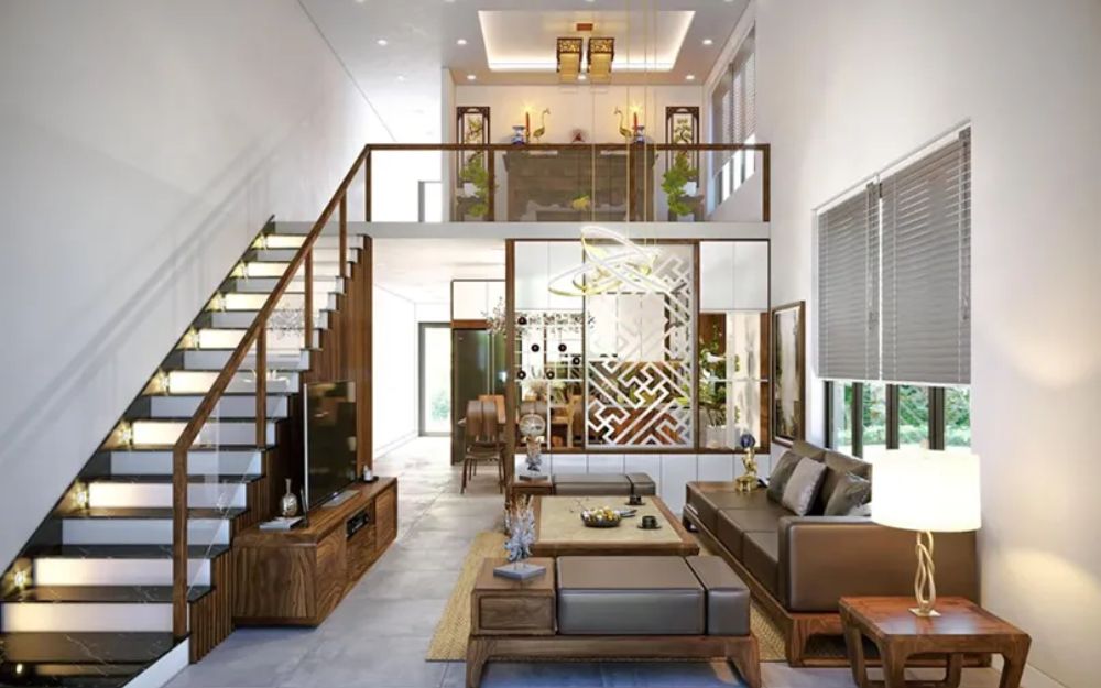 Mẫu phòng khách nhà ống có cầu thang