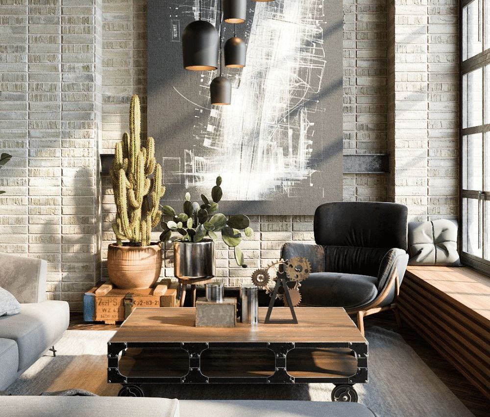 Phong cách Industrial với trần cao, bề mặt thô mộc