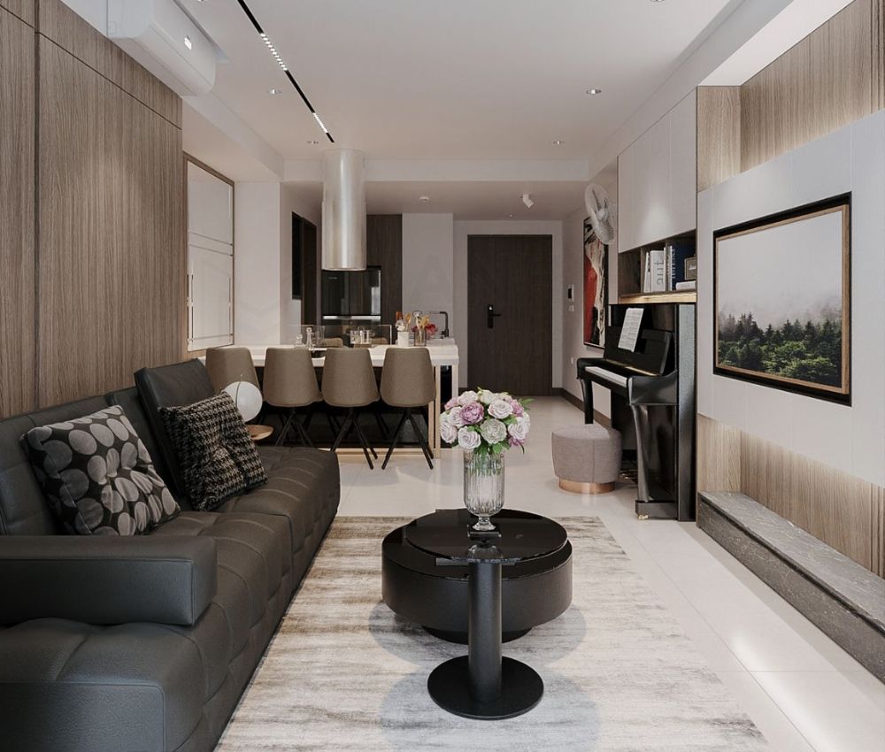 Phòng khách 20m2 kết hợp bếp mở phù hợp với căn hộ chung cư