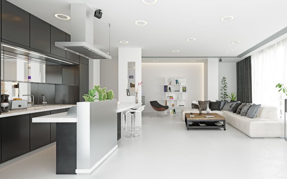 Phòng khách liền bếp nhà cấp 4 chữ L