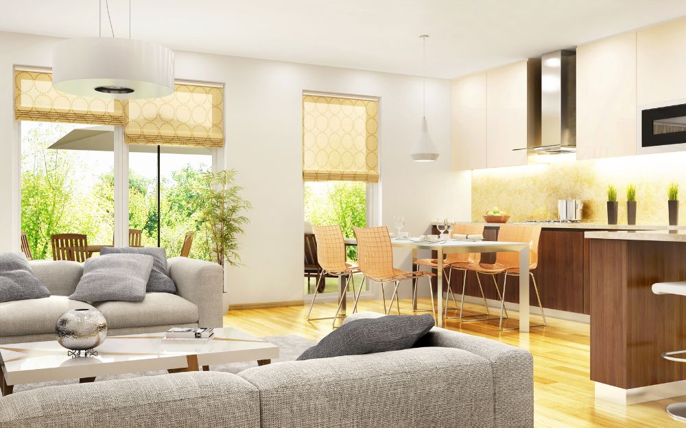 Mẫu phòng khách liền bếp nhà cấp 4 có cửa sổ lớn