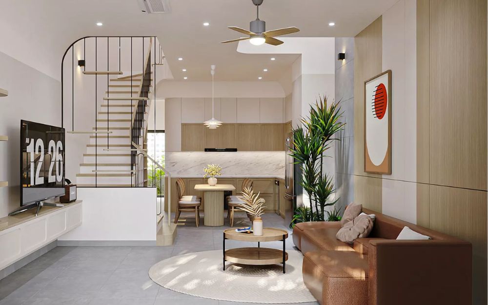 Phòng khách liền bếp nhà cấp 4 phong cách Scandinavian ấm áp