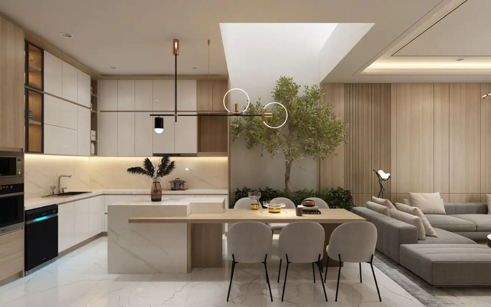 Mẫu phòng khách liền bếp tối giản cho diện tích nhỏ