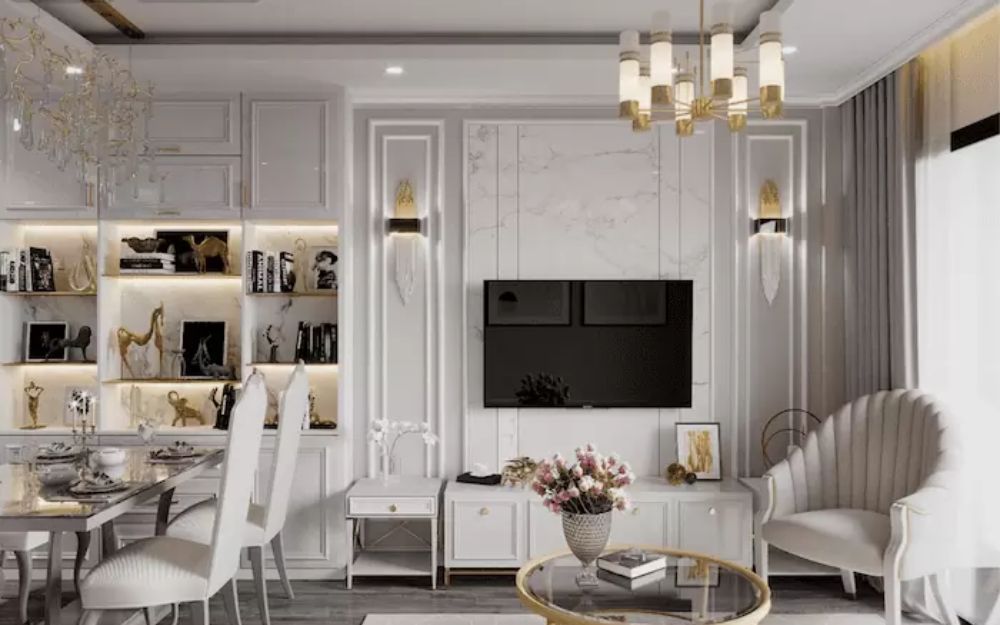 Phòng khách liền bếp nhà cấp 4 phong cách Tân cổ điển