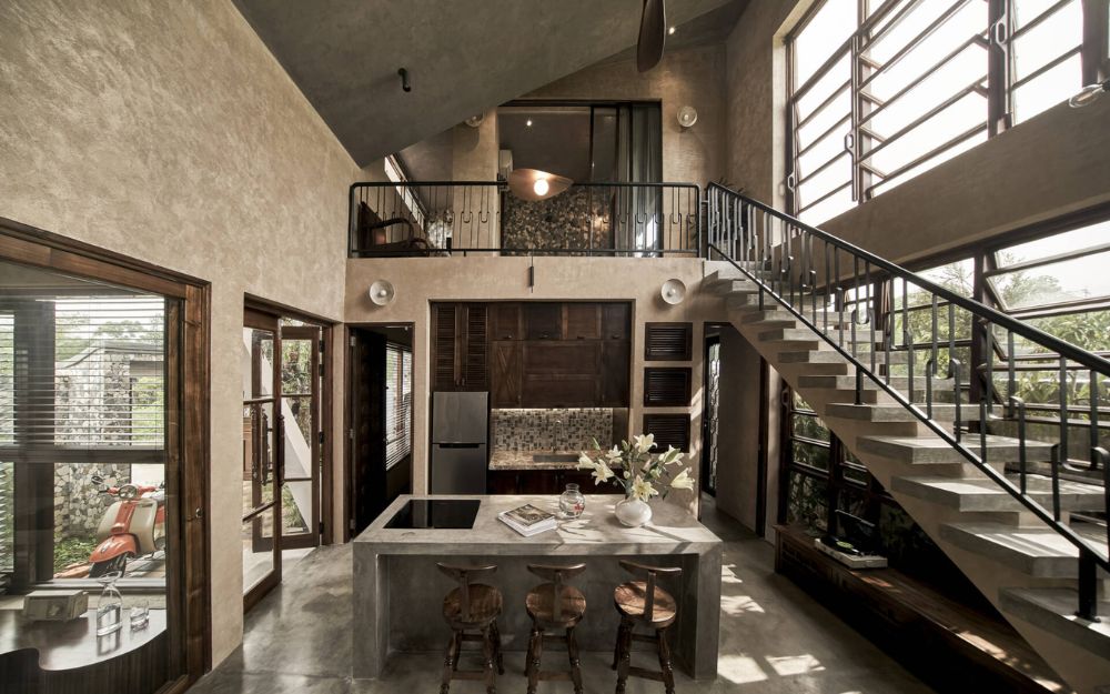 Phong cách sang trọng sử dụng chất liệu như đá, gỗ tự nhiên