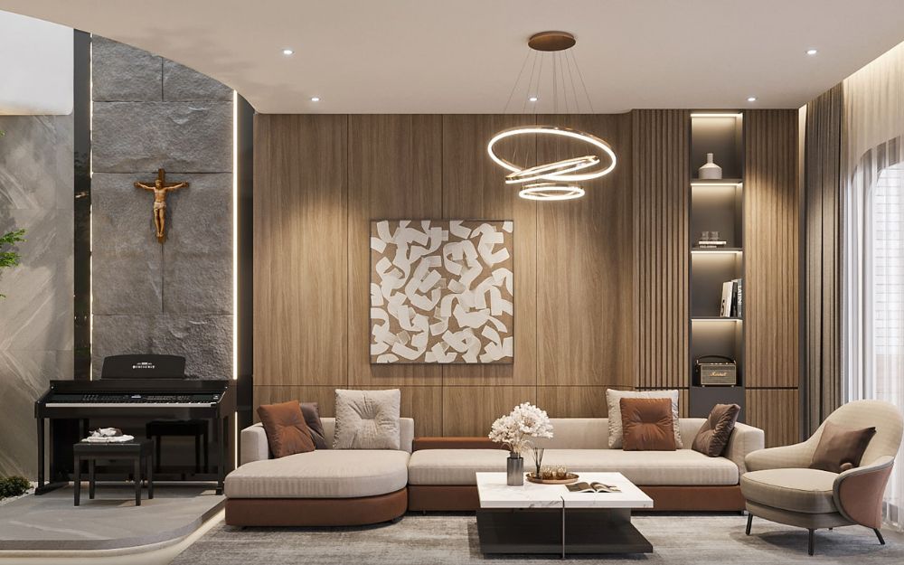 Tấm ốp than tre vân gỗ sang trọng ốp phòng khách