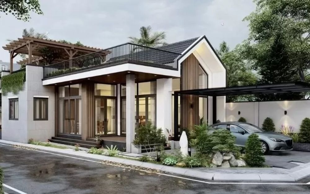 Thiết kế gara ngoài trời có mái che đối với nhà có khoảng sân trước