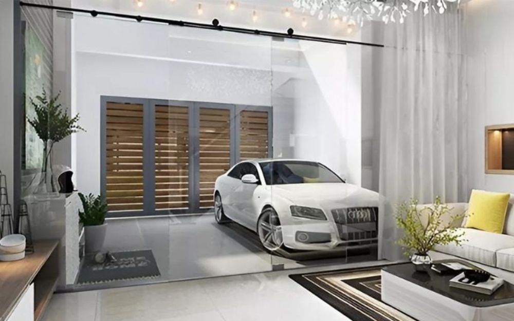 Phân tách không gian phòng khách và để xe bằng cửa kính