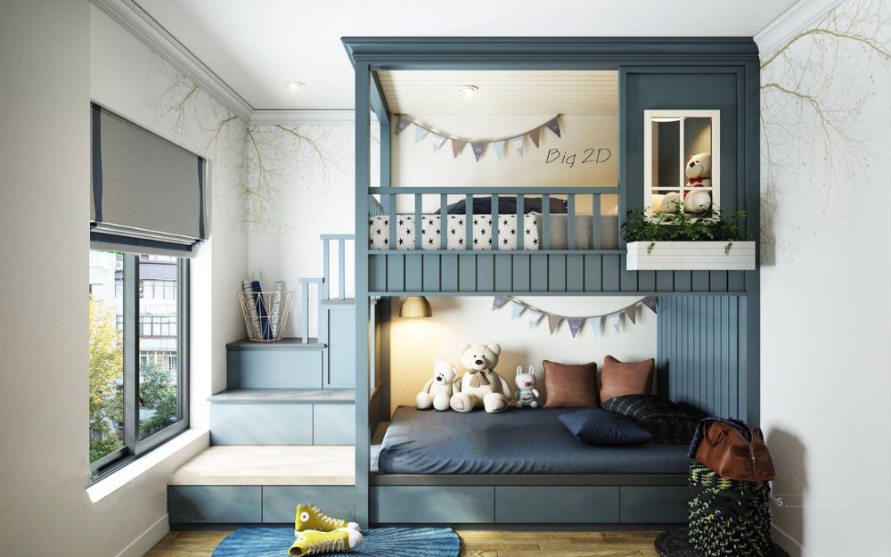 Vách ngăn kết hợp giường tầng cho gia đình có hai trẻ chung phòng