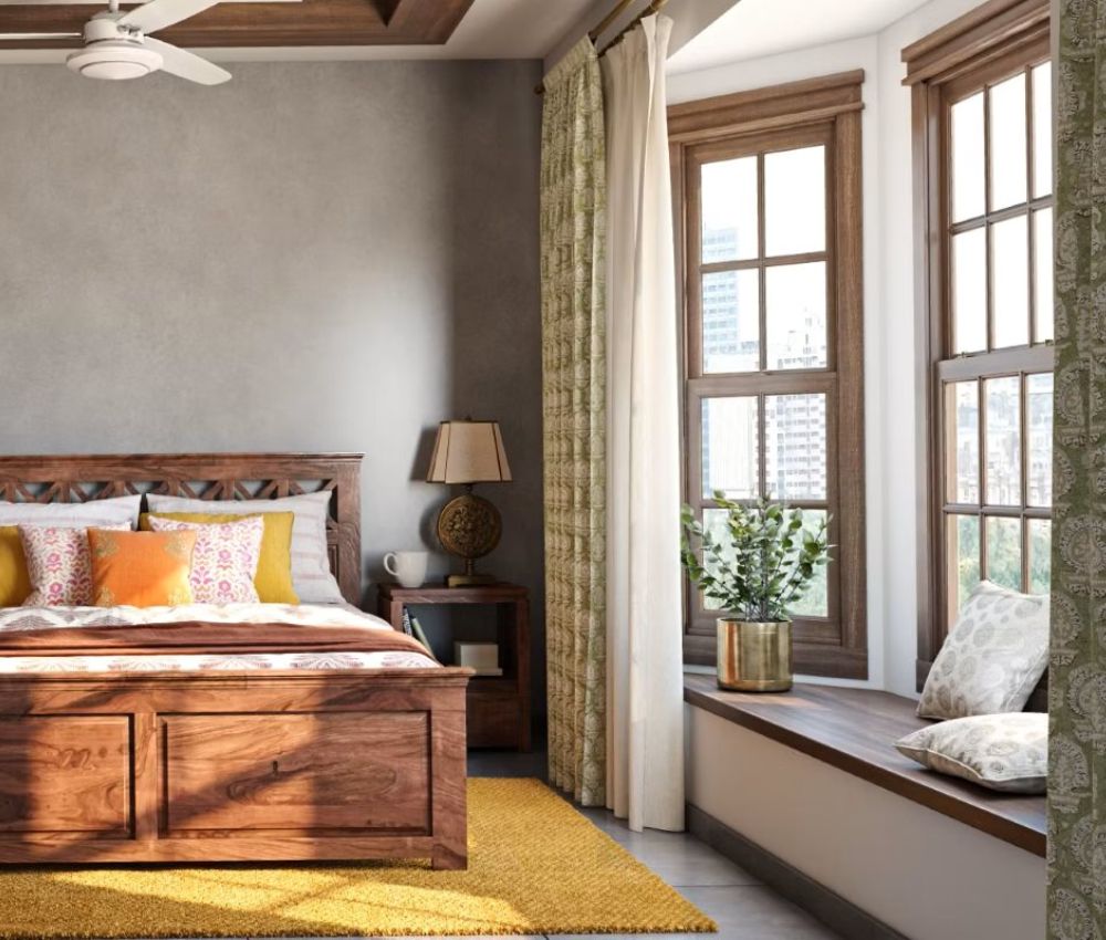 Rèm cửa và thảm trải sàn là những yếu tố trang trí giúp hoàn thiện không gian phòng ngủ